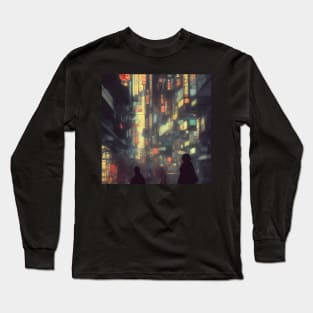 Urban Atmosphere Artistry - Moody Anime Noir Cinematic Japanese Cityscape Long Sleeve T-Shirt